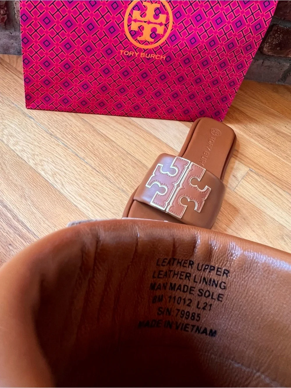 Tory Burch Tan Miele & Gold Leather Double T Sport Slide Sandals